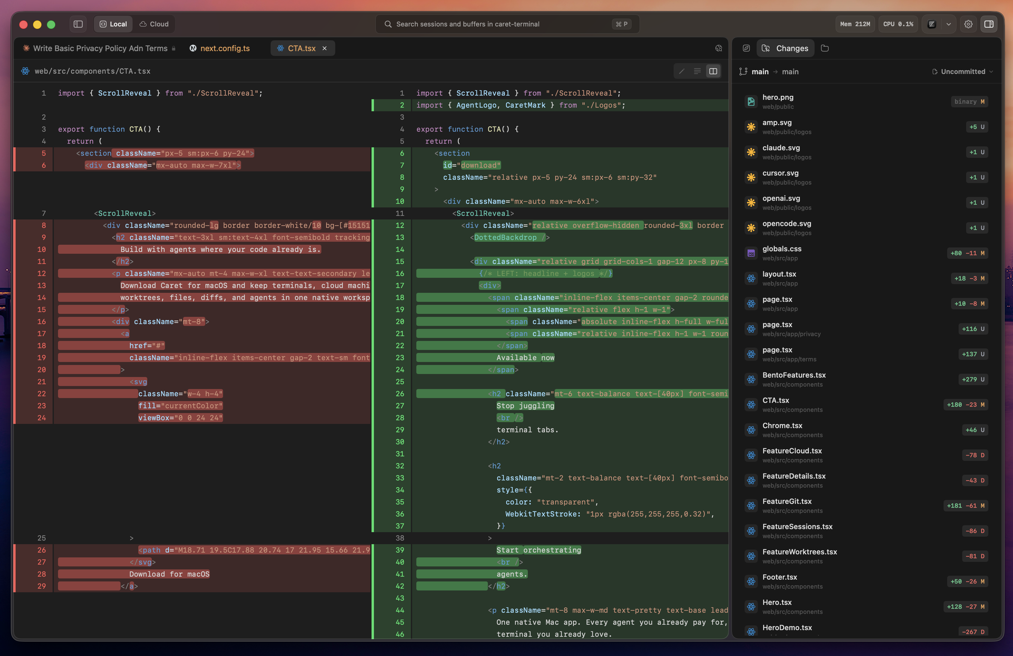 Caret's native diff view — before/after panes with file tree, hunk navigation, and one-click approve.