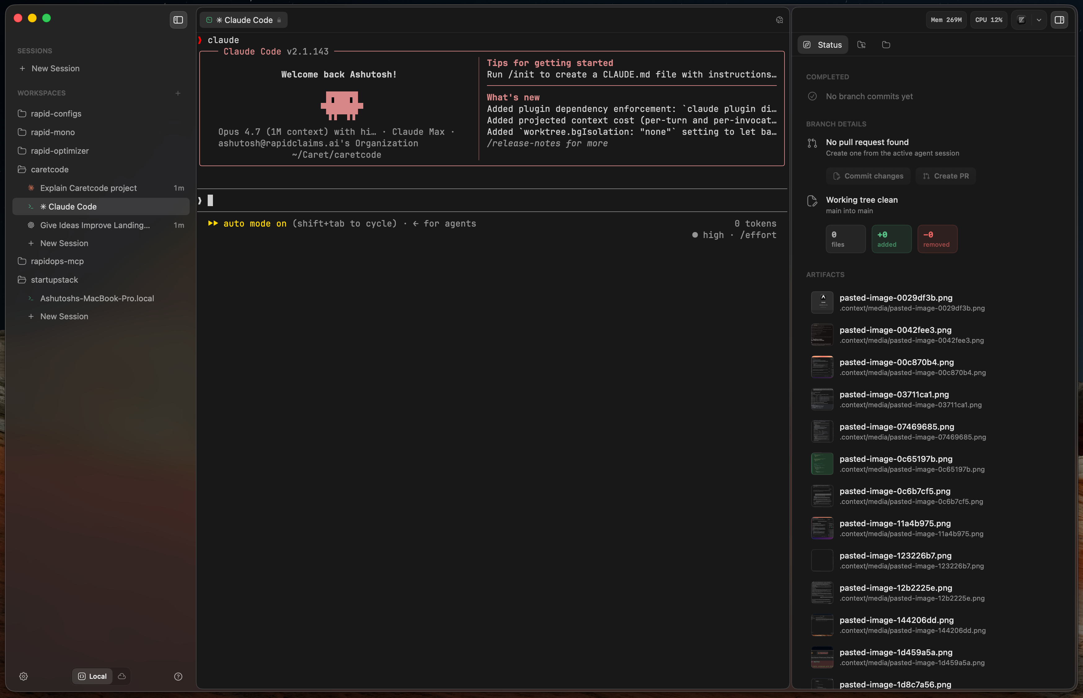 Claude Code running in a terminal session inside Caret