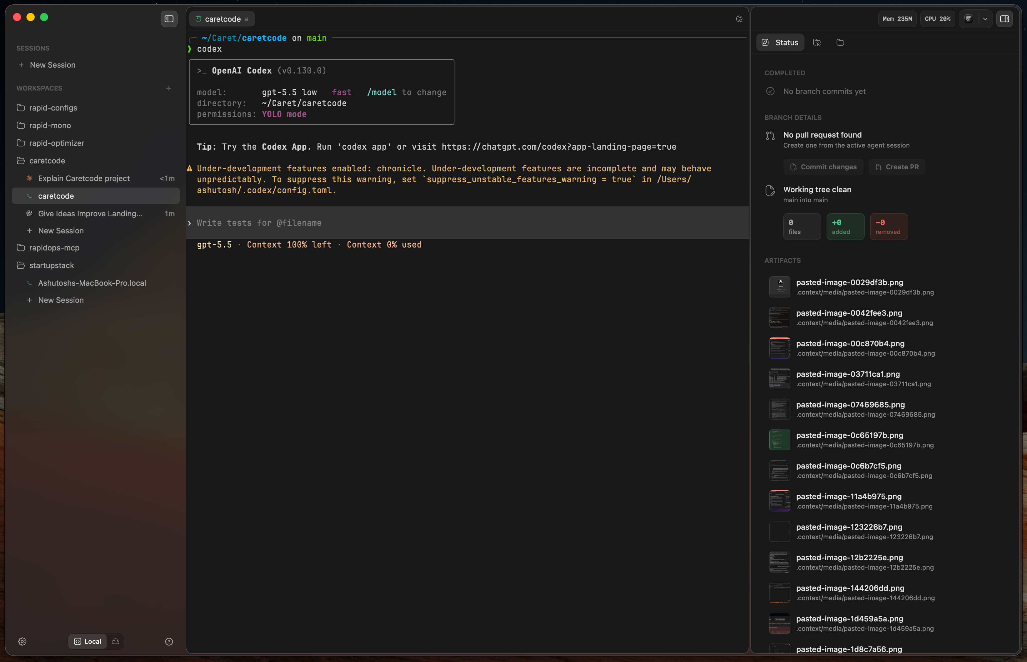 Codex CLI running in a terminal session inside Caret