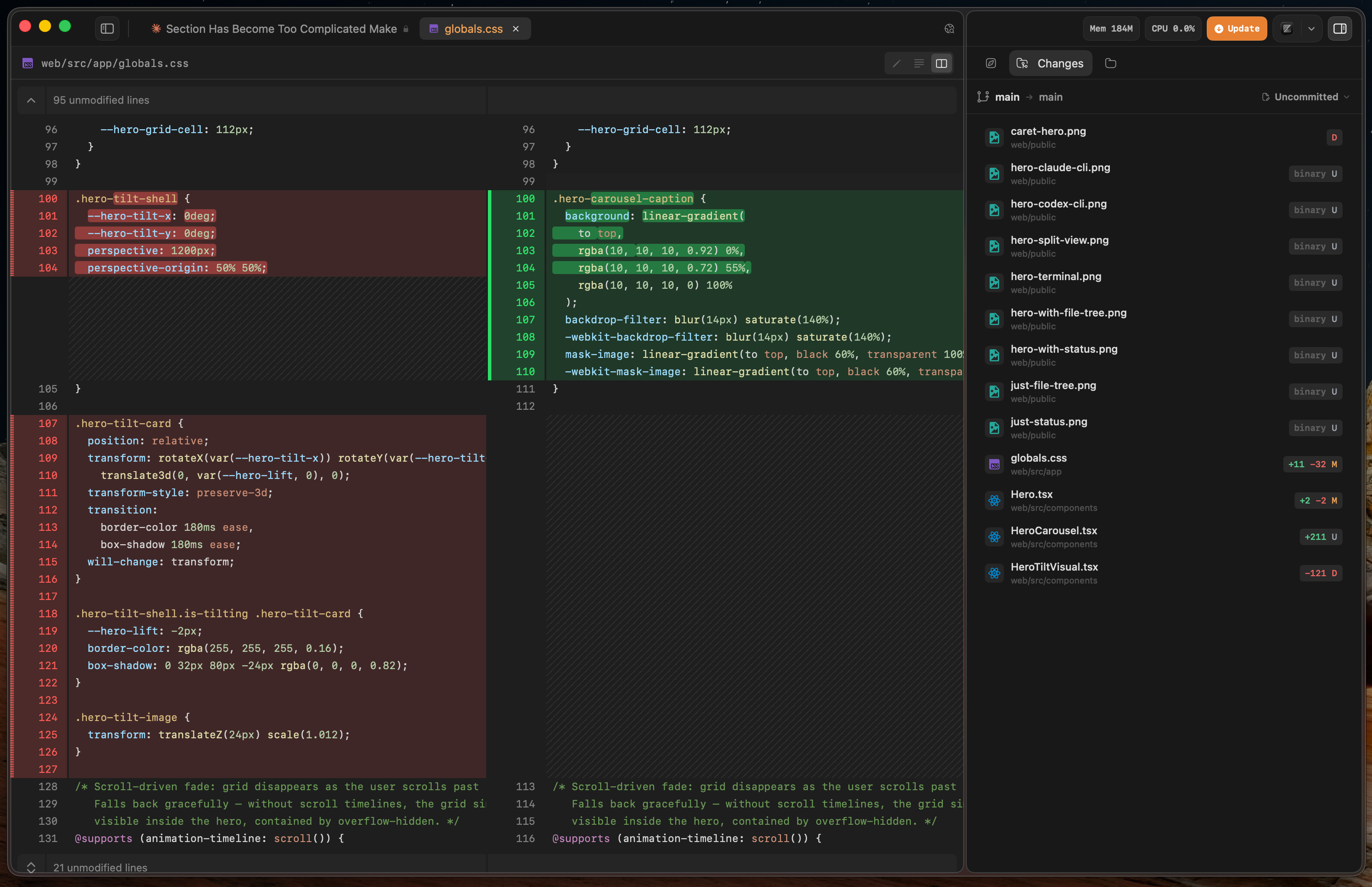 Caret showing a side-by-side diff view of changes from an agent turn